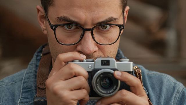 Focused Photographer Holding Vintage Mirrorless Camera