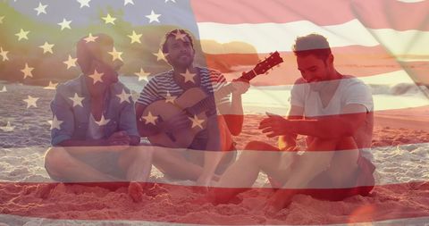 Friends Enjoying Summer Beach with USA Flag Overlay