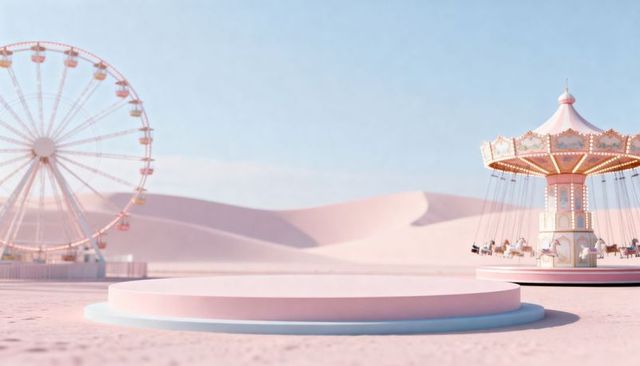 Showcasing pastel carnival podium with ferris wheel and swing carousel in desert dunes