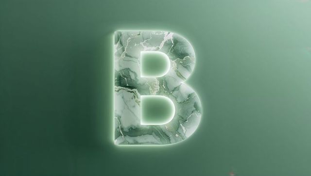 Illuminated marble-textured letter b on green gradient background