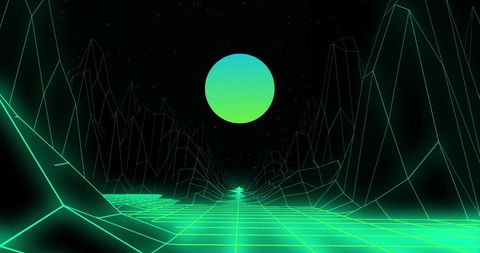 Retro futuristic grid landscape with neon globe