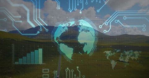 Holographic Globe Hovering Over Rural Landscape with Digital Network Overlay and Data Visualization