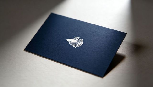 Navy blue business card with white embossed betta fish logo in dramatic spotlight