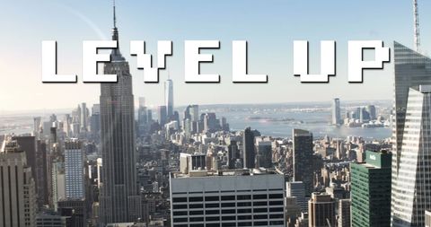 Urban Ambition: Pixelated 'Level Up' Text Over Cityscape - Download Free Stock Images Pikwizard.com