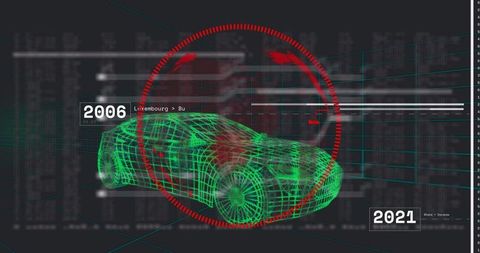 Green wireframe car hud rotating in 3d grid with red reticle, futuristic diagnostics