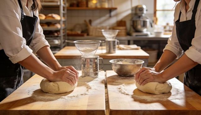 Artisan bakers kneading dough on wooden counters with flour sifter and sunlit kitchen
