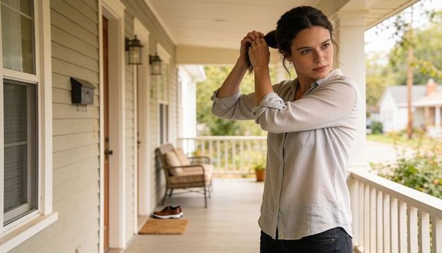 Tying hair on front porch, woman wearing striped shirt standing on cozy suburban veranda