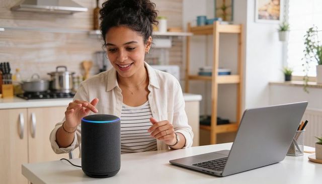 Smiling woman interacting with smart speaker and laptop in sunlit modern kitchen workspace