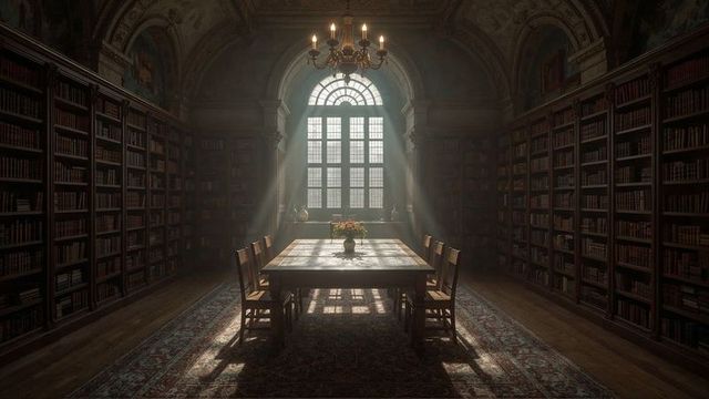 Vintage library interior with wooden furniture and antique chandelier