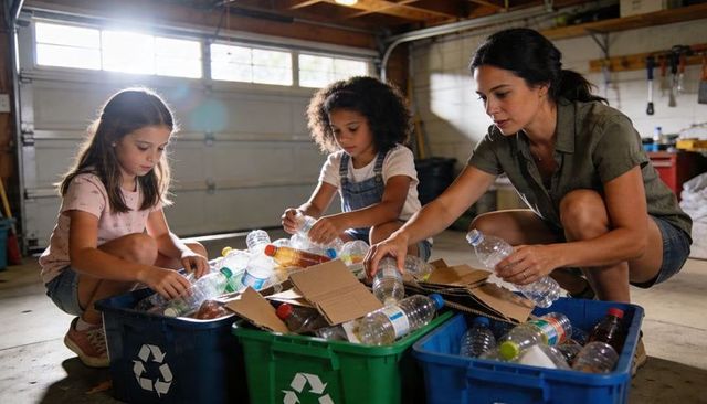 Mother and daughters sorting plastic bottles and cardboard for recycling in sunlit garage