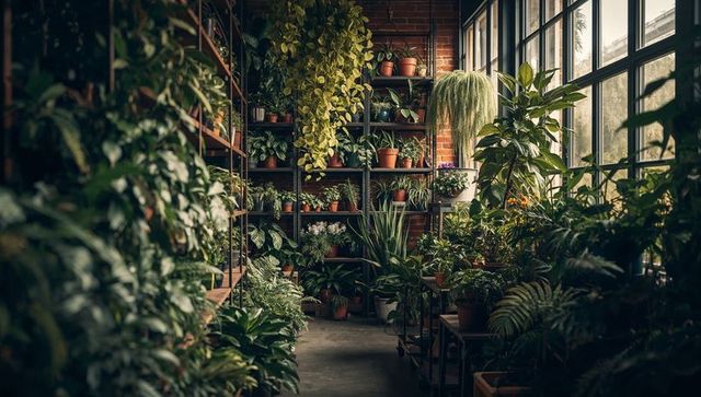 Loft greenhouse with lush potted plants, hanging vines, terracotta pots by factory windows
