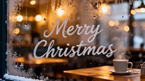 Frosted Merry Christmas on Cafe Window with Steaming Cup and Warm Bokeh Lights