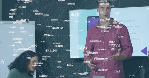 Global Business Team Collaborating with Digital Interface in Modern Office