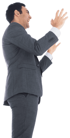 Transparent businessman enthusiastically raising arms