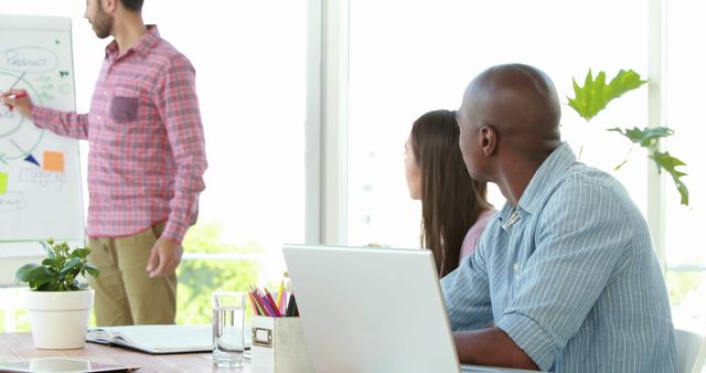 Diverse team of coworkers collaborating during a business presentation in a bright office. Colleagues looking at presentation board while discussing ideas. Image can be used for illustrating teamwork, professional environments, business meetings, collaboration, and corporate communication.