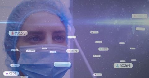 Nurse observing ar medical data overlay wearing surgical mask and bouffant cap