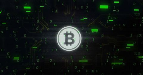 Pulsing Bitcoin Coin Glowing in Virtual Network with Binary Code and Circuit Traces, Futuristic Neon