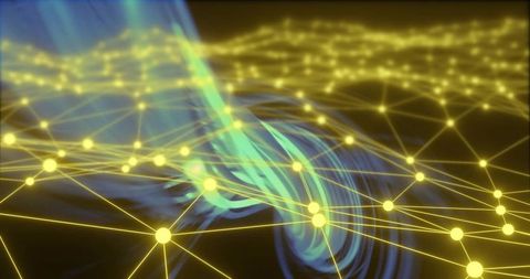 Cyan energy ribbon weaving through glowing yellow node network for futuristic data flow