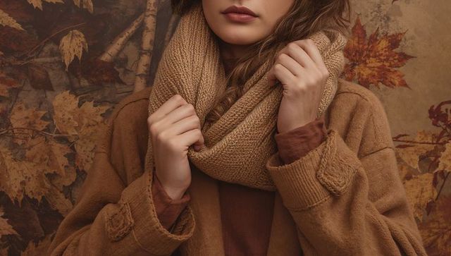 Autumn fashion portrait showing woman adjusting knit scarf in warm earthtone wool coat