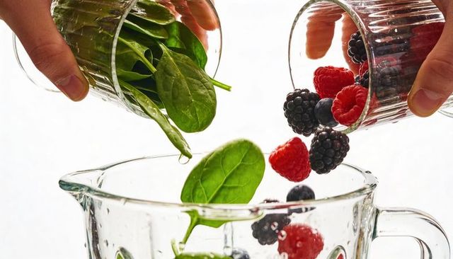 Hands pouring spinach and mixed berries into glass blender for vibrant green smoothie