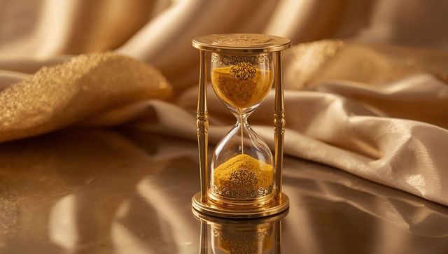 Golden Hourglass on Reflective Table with Luxurious Silk Backdrop