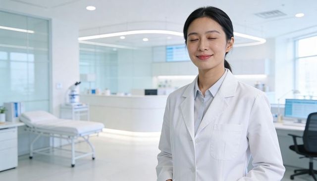 Female doctor standing with eyes closed, smiling, in bright modern clinic reception