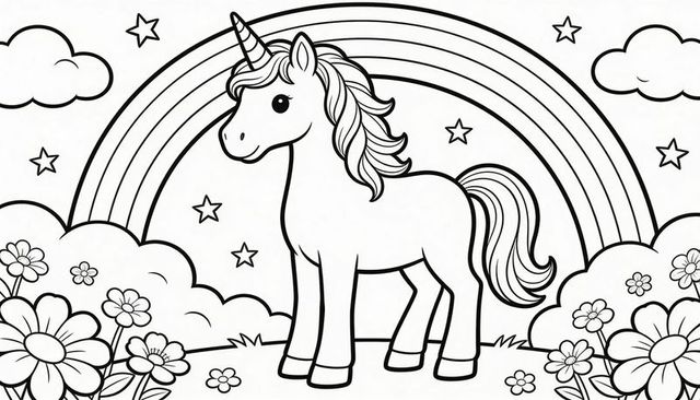 Standing unicorn in flower meadow with rainbow and stars coloring page bw line art