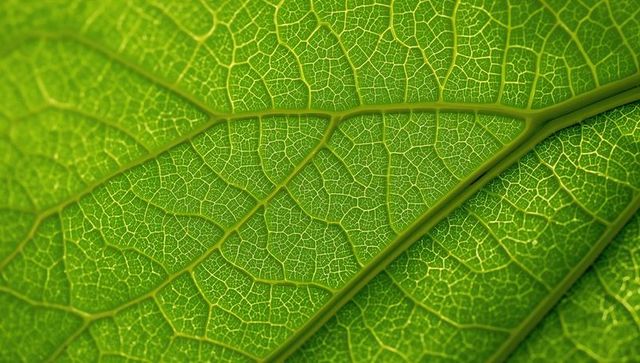 Macro backlit green leaf showing intricate vein network and translucent reticulate venation