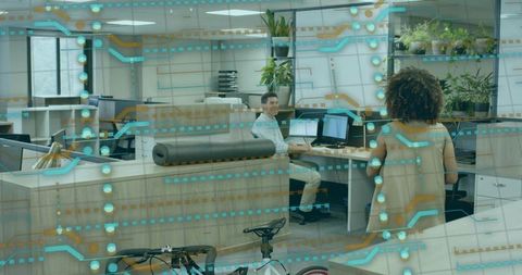 Innovative Modern Office with Technology Overlay and Collaboration