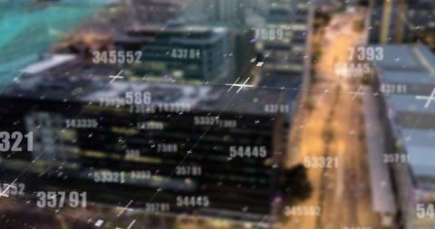 Glitch digital numbers over lively city night traffic
