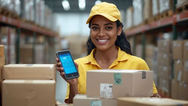 Smiling logistics worker in warehouse holding smartphone