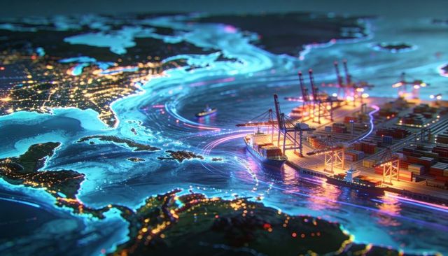 Neon global trade nexus: illuminating container port and mapping digital shipping lanes