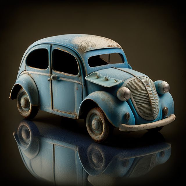 This vintage rusted toy car reflecting on a dark surface captures a sense of nostalgia and history, evoking memories of childhood. Ideal for use in articles or commercials related to antique collections, nostalgic themes, or old-fashioned toys. It brings a charmingly rustic touch to creative projects, advertisements for vintage markets, or illustrations in books on automotive history.