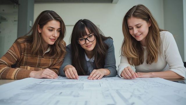 Three designers collaborating over architectural blueprints, examining plans in studio