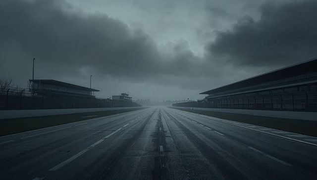 Empty wet motorsport track with dramatic cloudy sky