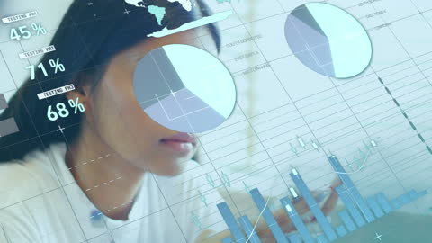 Businesswoman Analyzing Digital Data Graphs on Abstract Interface