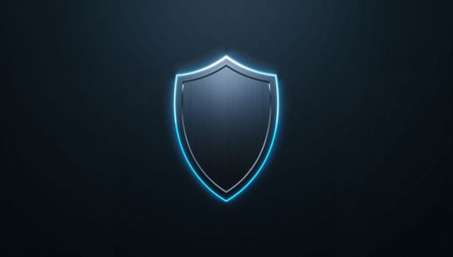 Glowing Metallic Shield Emblem Floating on Dark Background with Cyan Neon Outline