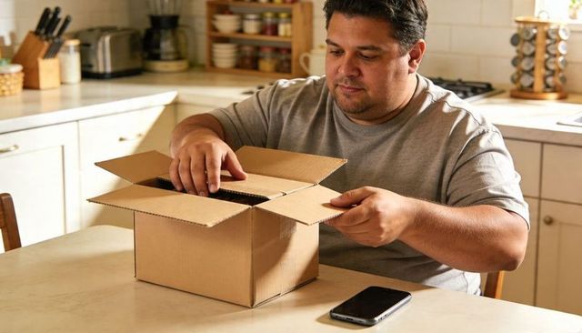 Man unboxing cardboard shipping box at kitchen table with smartphone nearby, home delivery