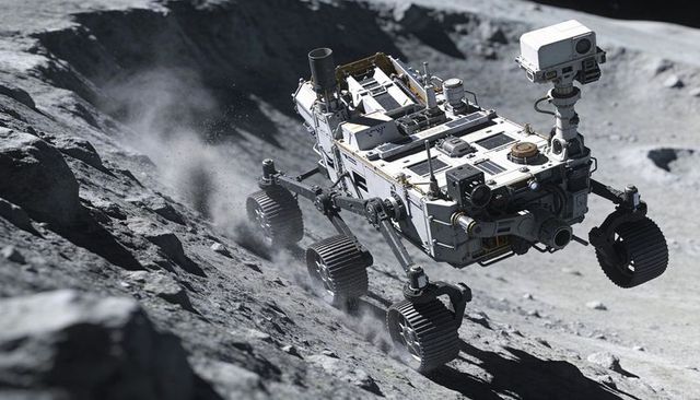 Lunar Rover Climbing Steep Crater with Camera Mast and Dust Plumes