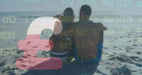 Beach couple with financial overlay at sunset