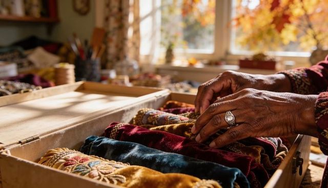 Artisan arranging embroidered velvet fabrics and vintage trims in wooden box by sunlit window
