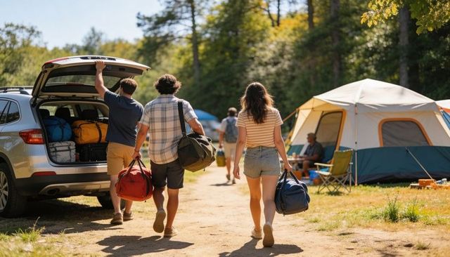 Friends carrying duffel bags to campsite near suv and tent on summer camping trip