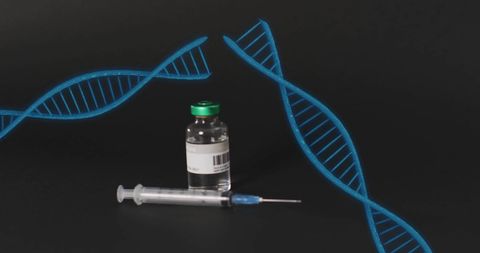 DNA Strands Over Vaccine and Syringe with Dark Background