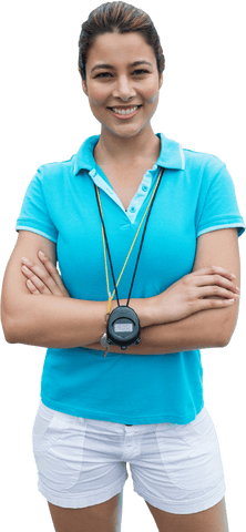 Transparent happy female coach with stopwatch boosting motivation