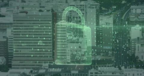 Digital Security Padlock Over Cityscape Representing Data Protection