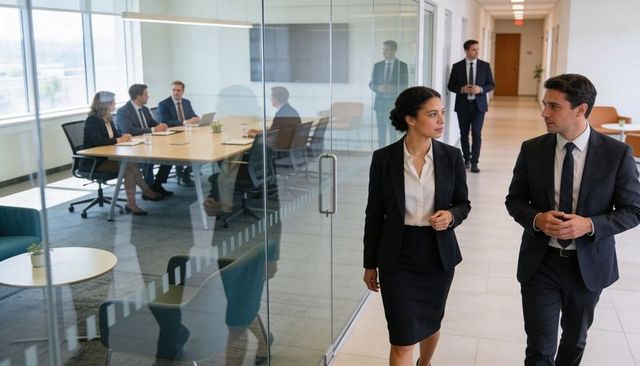 Walking colleagues discussing strategy in modern office corridor by glass meeting room