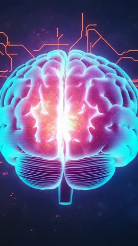 Rotating Glowing 3D Brain with Neon Circuits and Sparks for Futuristic Tech Video