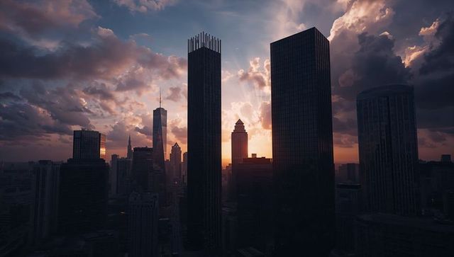 Silhouetting downtown skyscrapers at dramatic sunset with sunrays piercing cloudy skyline