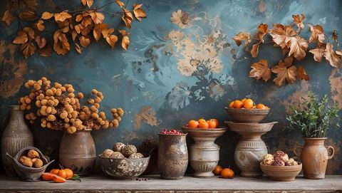Rustic decor with ceramics and autumn foliage