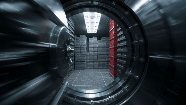 High-security bank vault interior showing open steel door and stacked secure containers